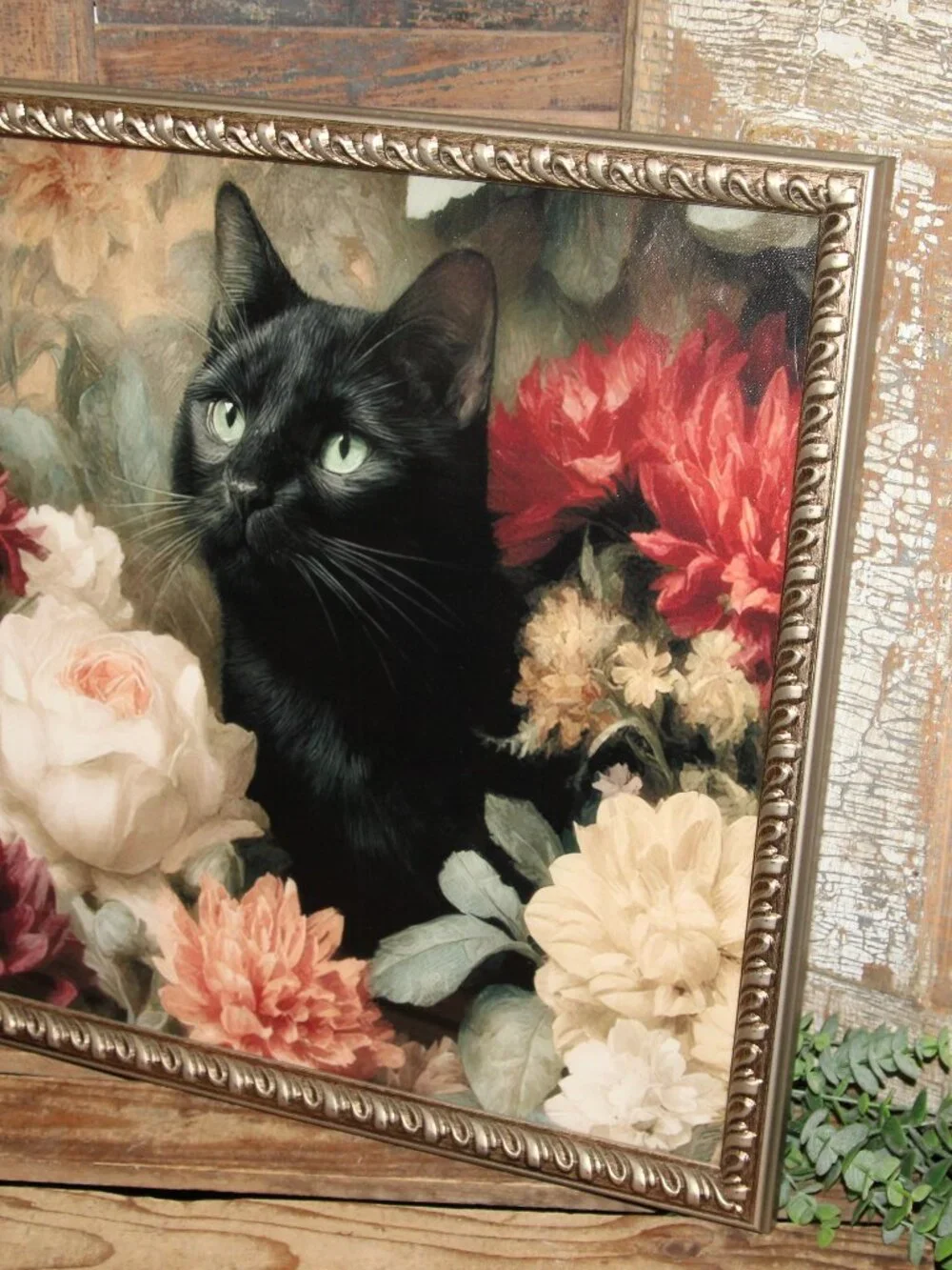 Gorgeous Moody Black Cat with French Floral Wall Decor Picture in Vintage Frame